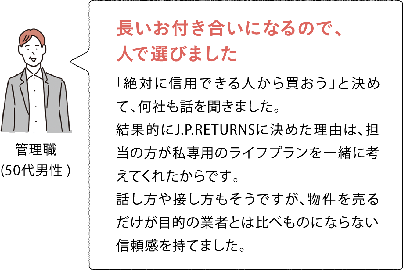 管理職(50代男性) 長いお付き合いになるので、人で選びました 「絶対に信用できる人から買おう」と決めて、何社も話を聞きました。結果的にJ.P.RETURNSに決めた理由は、担当の方が私専用のライフプランを一緒に考えてくれたからです。話し方や接し方もそうですが、物件を売るだけが目的の業者とは比べものにならない信頼感を持てました。