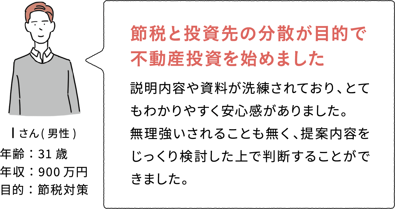 Iさん(男性) 年齢:31歳 年収:900万円 目的:節税対策 節税と投資先の分散が目的で不動産投資を始めました 説明内容や資料が洗練されており、とてもわかりやすく安心感がありました。無理強いされることも無く、提案内容をじっくり検討した上で判断することができました。