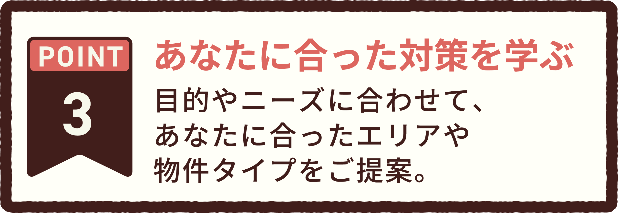 POINT 3 あなたに合った対策を学ぶ。目的やニーズに合わせて、あなたに合ったエリアや物件タイプをご提案。