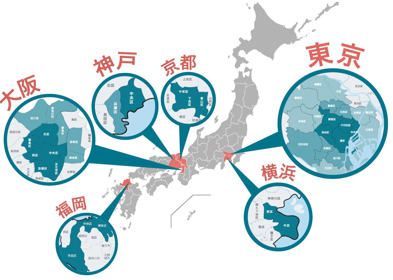 東京 横浜 京都 神戸 大阪 福岡をピックアップした日本地図